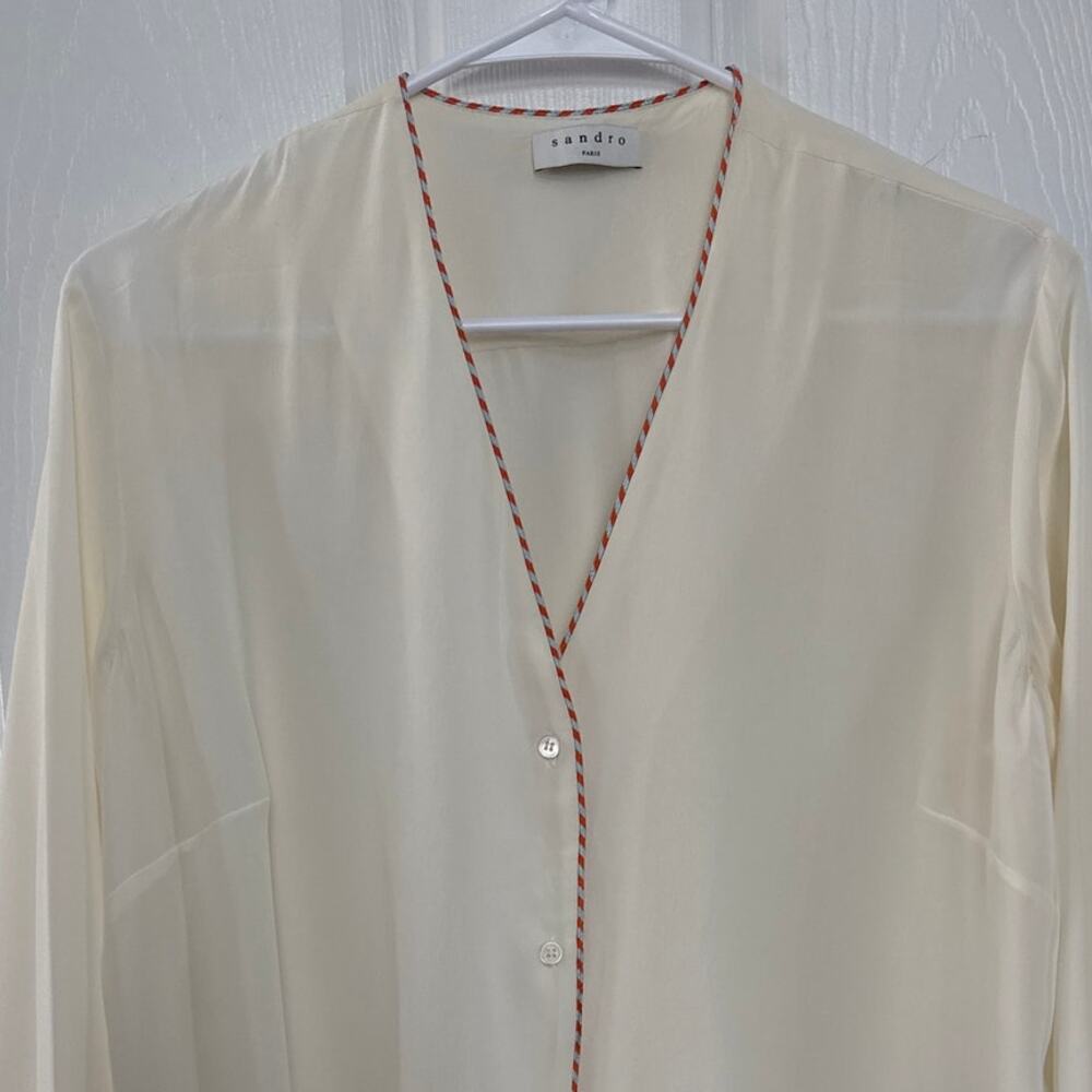 SANDRO Paul washed-silk blouse with fire/ ivory size 3 medium - Picture 5 of 13